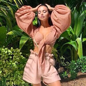 MOODSTORIES Striped Balloon Sleeve Tie Front Crop Top in Terracotta EU Small